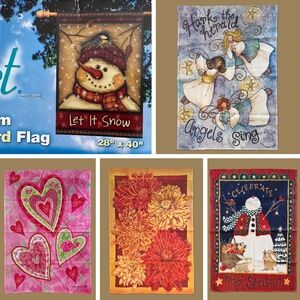 Five 28" x 40" house FLAGS - Valentine Heart, Christmas, Snowman, Angel, Harvest